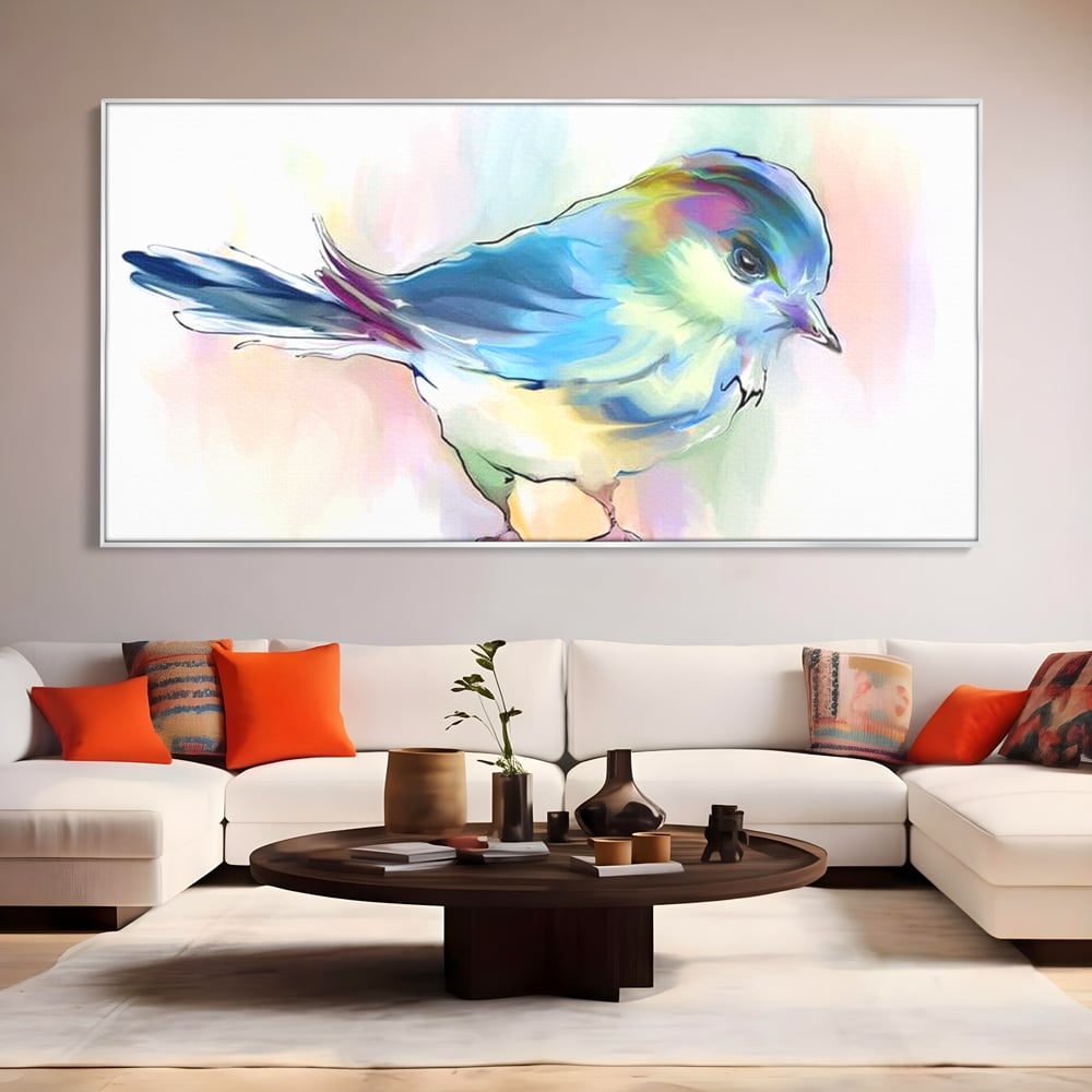 Tablou canvas cu tablou canvas cu pasare colorata in acuarela, in rama de aluminiu argintiu, pe perete intr-un living